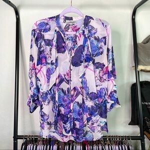 𝅺jennifer Lopez Sheer Purple Butterfly Ruffle Blouse